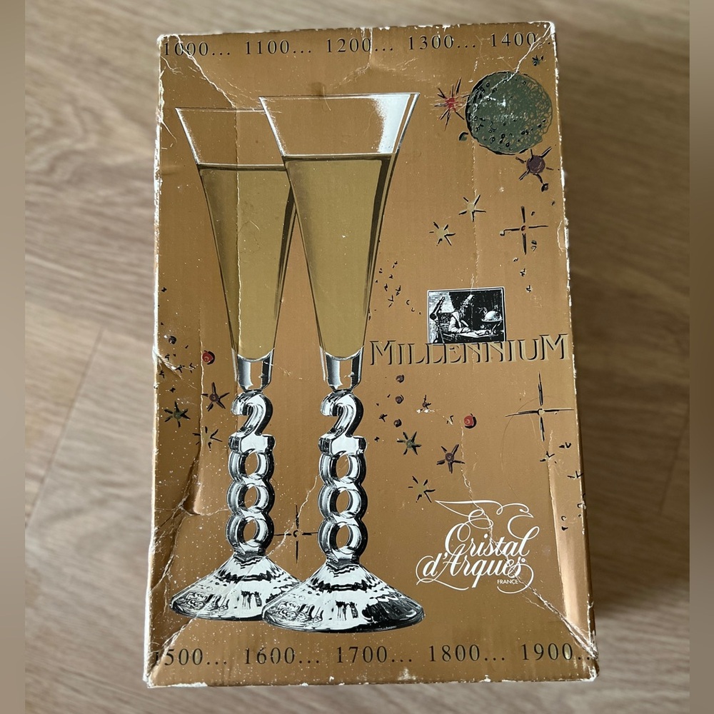 NIB Vintage Crystal Champagne Glasses / Flutes 2000 Millennium Cristal d’Arques